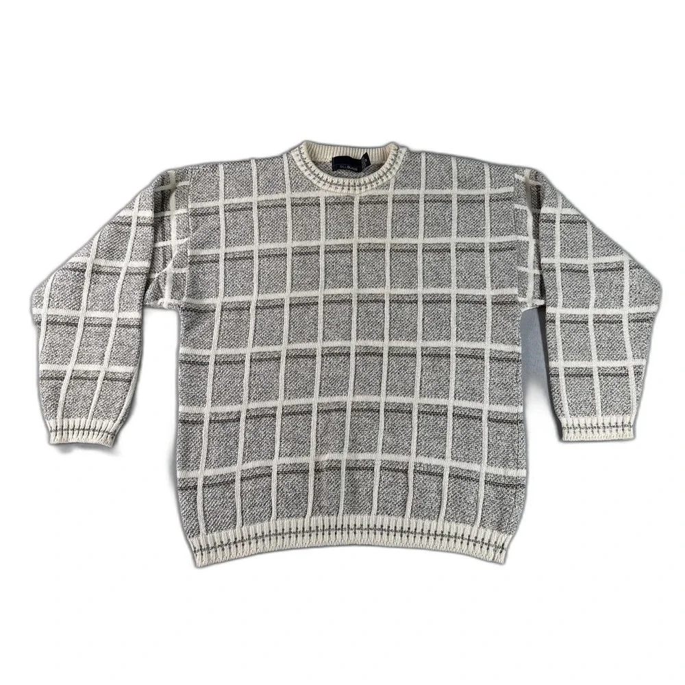 Bill Blass Checkered Crewneck Sweater M Gray Cotton Blend Long Sleeve